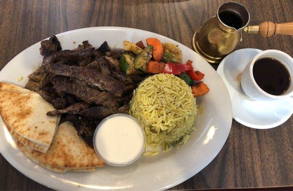 Beef Shawarma Plate with Turkish coffee