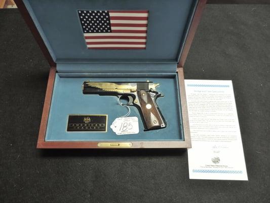 Colt 1911, 45 American Eagle golden engraved commemorative pistol