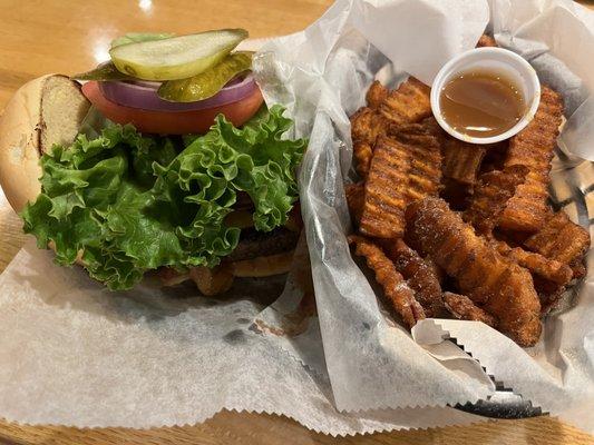 Ollie's Burger and sweet potato fries with caramel sauce