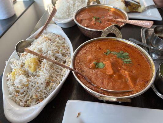 kashimiri pulav, butter chicken, and chicken tikka masala