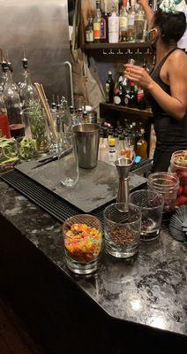 Bar with some of the liquors and garnishes