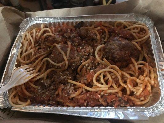 Spaghetti with two huge meatballs