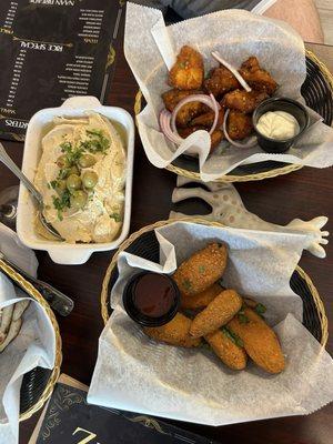 Lahori fried fish soups, hummus, and jalapeño cheese bites