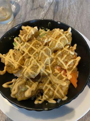 Tempura Shrimp Poke Bowl with avocado & steamed carrot slices.