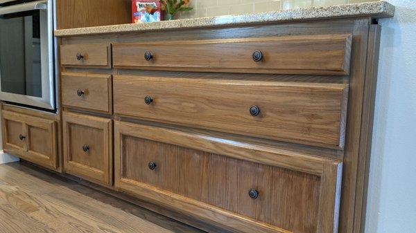 Three drawer made to fit into an opening under the countertop. Used to be a desk area.