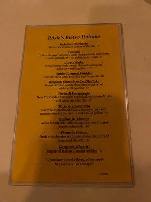 Dessert menu