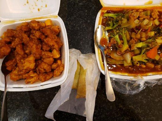 Orange chicken, egg rolls, and kung pao chicken