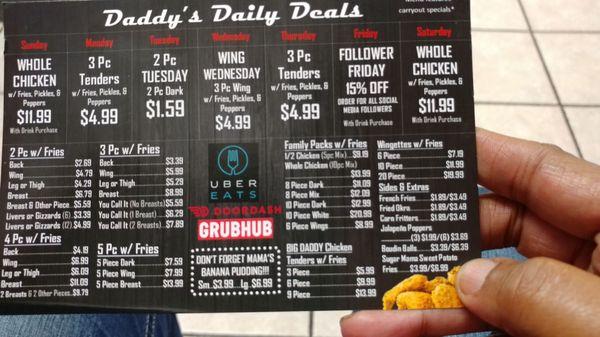 There are great daily specials! And, I love the postcard-size of this menu... easy for me to keep it in my glove box.