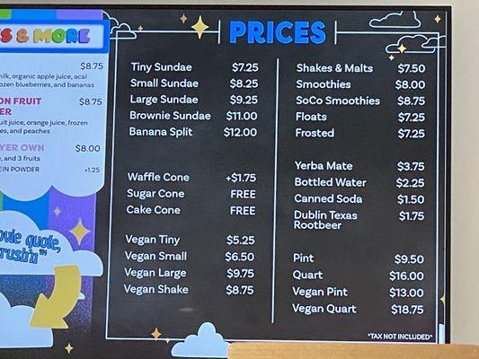 Pricing menu