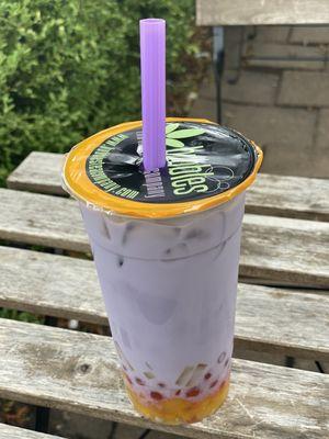 Taro milk tea with strawberry popping bubbles & passion fruit jellies