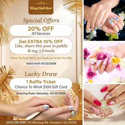 SPECIAL OFFERS ALERT 
Ready to slay your look with some dazzling nails? 
We've got some irresistible deals just for you at Slay Nai