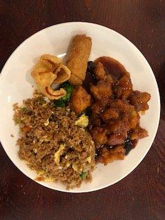 Orange Chicken, Fried Rice, Egg Roll, Crab Ran Goon,