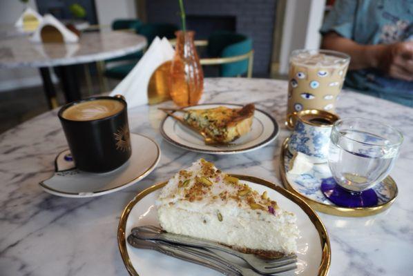 pistachio cheesecake, cappuccino, turkish coffee, honey lavender latte, quiche