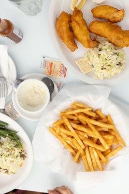 Fish and chips and clam soup