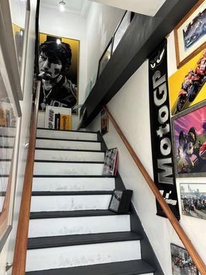 Stairs leading to the upstairs retail area