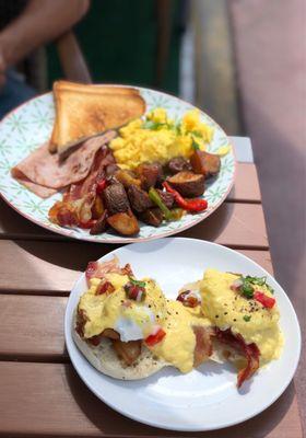 Brunch time! Breakfast plate and Eggs Benedict with bacon