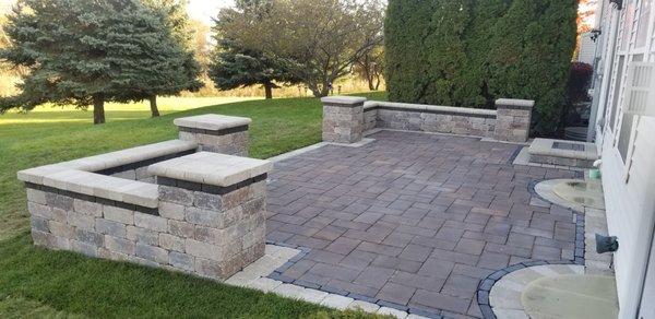 Unilock Paver Patio with color accent border, Seat Walls & Pillars