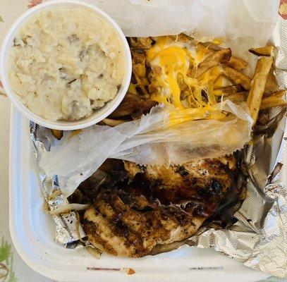 Lone Star Chicken Served with Cheese Fries and Ranch and Mashed Potatoes