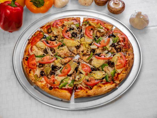 Vegeterian Pizza: Mushromms, Green Bell Peppers, Onions, Olives, Artichoke Hearts, Garlic and Fresh Tomatoes.