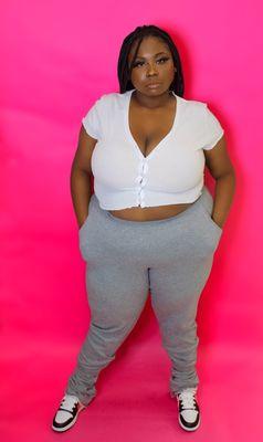 Stacked joggers fir plus size that are handmade along with the help of a sewing machine.