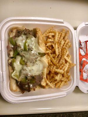 Uncle Sal's Italian Beef Classic. Italian Beef with Mushrooms, Onions, Sweet Peppers and Mozzarella. French Fries on the side.