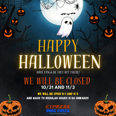 Wishing everyone a safe and fun Halloween!  

Cypress Smog Check
701 Cypress Avenue, LA, CA 90065
#SmogCheck #FastService