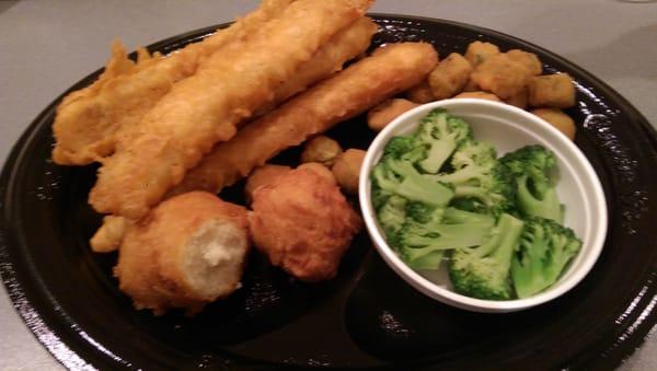 Four piece fish with broccoli and fried okra.