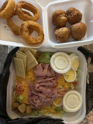 ham chef salad  hush puppies and onion rings all very good  prices are good staff is very nice and friendly