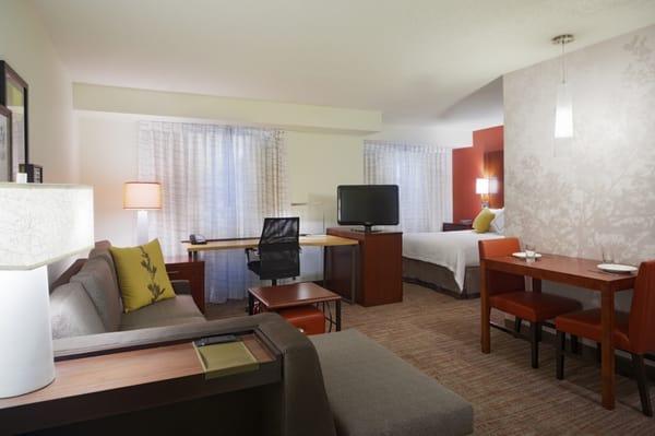 The pet-friendly suites in the downtown hotel offer 50% more space than traditional hotel rooms.