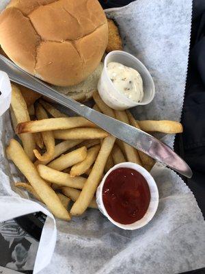 Cod sandwich and fries