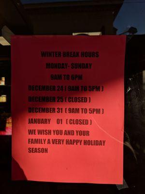 Winter hours December 2018