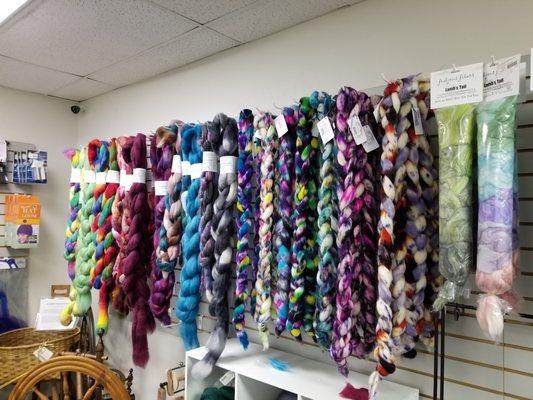 Dyed rovings galore--plus natural colors in homegrown alpaca roving!