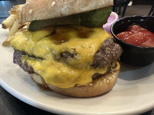 Double cheese smashburger with bourbon sauce and avocado