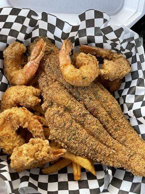 Catfish & Shrimp Basket. Comes with fries and hush puppies!