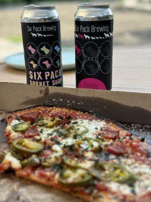 Pizza #35 with a couple of beers from Six Pack Brewing. Fantastic