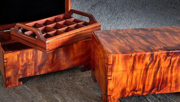 Rippling, curly Koa boxes by Hawaii craftsman Roy