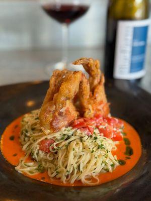 Maryland Soft Shell Crab atop fresh angel hair pasta. AMAZING, MUST ORDER.