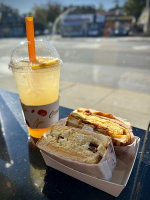 Got the egg sandwiches, one is bacon ham and chipotle mayo and the other is egg salad sandwich with orange lemonade sparkling drink.