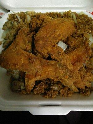 Fried chicken wings and beef fried rice. Rice was bland and under cooked.