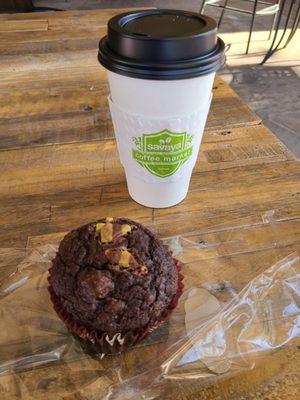 Coffee and manager-made mint-fudge muffin.