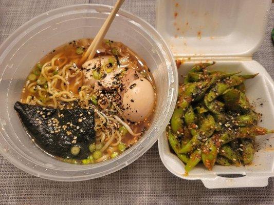 Spicy chicken ramen and spicy garlic edamame