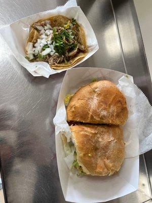 Pollo Torta and Carnitas Taco