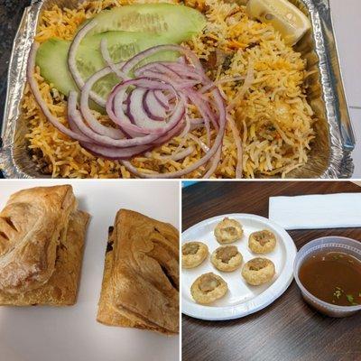 Goat Biriyani, Phuchka and Chicken Puff