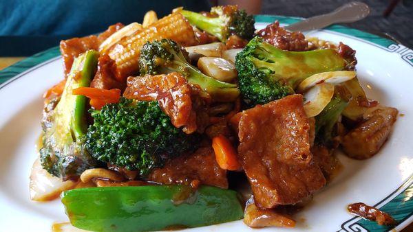 Szechuan vegetables & tofu ($13.50), vegan. Not bad, but tofu was weirdly chewy and oily. Sauce slightly gloopy.