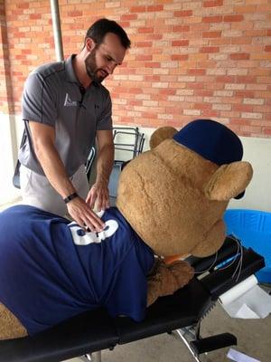 Dr. Dichiara volunteering at the March for Babies Walk in City Park. The Zephyrs mascot getting stretched before the walk!