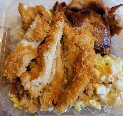 Crispy Chicken Katsu and BBQ Chicken, on top of mac salad and rice