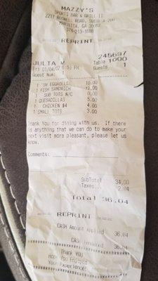 Receipt of food purchase with 2002 date