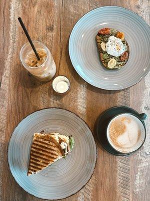 Avocado toast, smokey bacon panini and orange blossom latte.