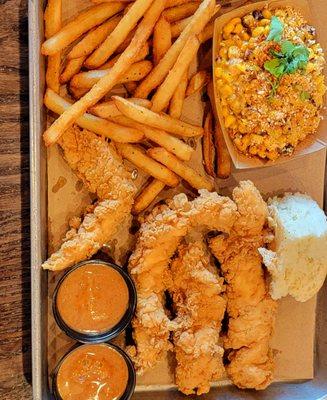 Four Tenders plate is recommended! Juicy flavorful tenders! French fries are awesome here, too. Mexican Street Corn is good too.