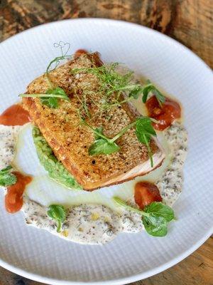 Roasted King Salmon with stewed tomatoes & okra, spring pea rice, ravigote